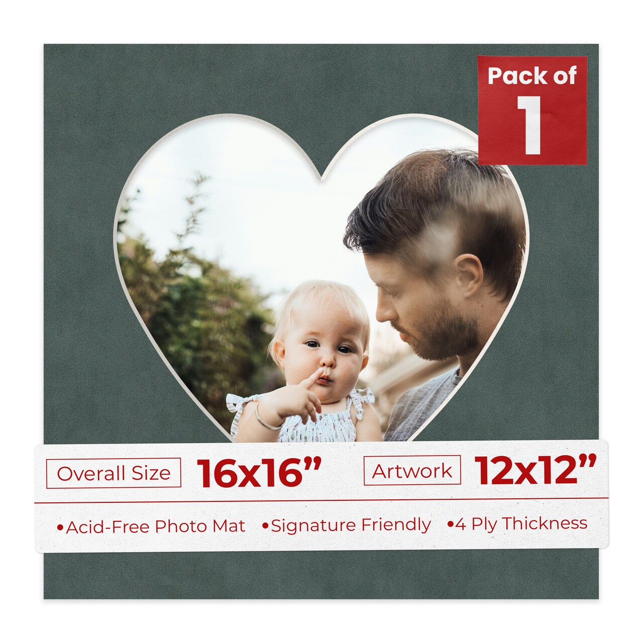 Dark Grey Suede Mat Board for 16x16 Frames - Heart Opening for 12x12 Photos